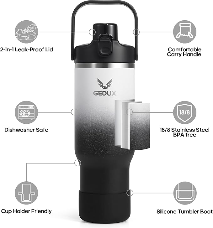 32 oz Stainless Steel Tumbler with Handle and Straw, Vacuum Insulated Water Bottle with 2-in-1 Lid (Chug/Straw) and Silicone Boot，Keeps Drinks Hot and Cold - Bloomnest