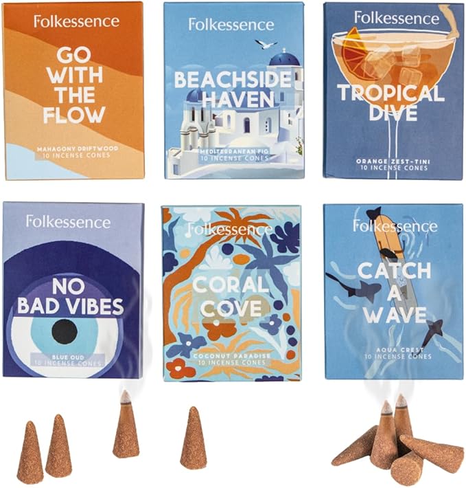 Folkulture Incense Cones (60 Cones) | Set of 6 Beach Please Insense Cones for Relaxation & Meditation | No Charcoal, Organic, Non Toxic | Blue Oud, Orange Zest, Coconut Inscents-Cones