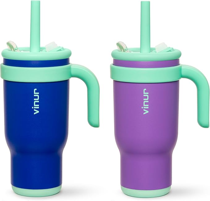 VINUR Kids 17 oz Tumbler with Handle-2 Pack Stainless Steel Insulated Tumbler Water Cup with 2-IN-1 Straw Lid -Gift for Kids Boys Girls(Navy-Purple) - Bloomnest