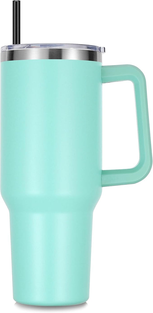 DOMICARE 40 oz Tumbler with Handle and Straw, Stainless Steel Tumbler with Lid and Straw, Reusable Vacuum Insulated Cup, Travel Coffee Mug, Mint Green, 1Pack - Bloomnest
