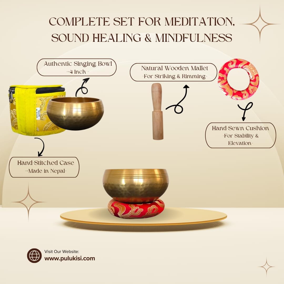 4" Hand-Hammered Tibetan Singing Bowl Set – Includes Wooden Mallet, Handmade Cushion & Hand-Stitched Case – Meditation, Sound Healing & Yoga Tool – Made in Nepal