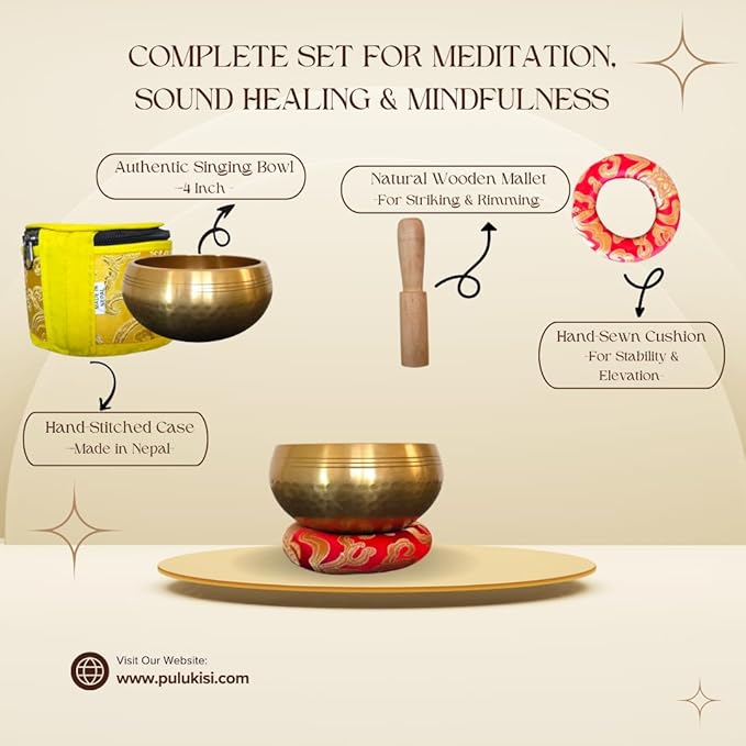 4" Hand-Hammered Tibetan Singing Bowl Set – Includes Wooden Mallet, Handmade Cushion & Hand-Stitched Case – Meditation, Sound Healing & Yoga Tool – Made in Nepal - Bloomnest