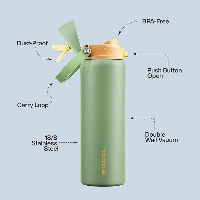 Insulated Water Bottle with Straw - Encool Stainless Steel Water Bottle with Push Button Lid, Leak-Proof & BPA-Free, Keeps Cold for 24 Hours for Sports, Travel, Gym (32 oz, Lichen-Yellow) ENCOOL