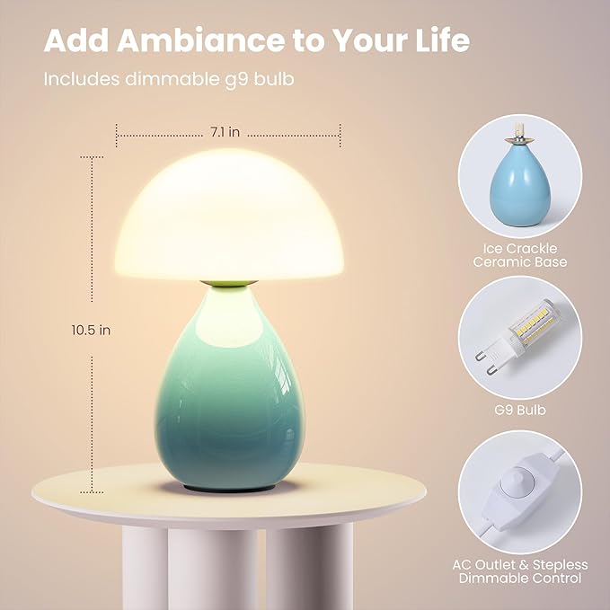Mushroom Side Table Lamp, Mini Modern Lamp Small Vintage Table Bedside Nightstand Light, Small Light Dimmable for Bedroom, Living Room, Ceramic Base Glass Led Home Decor for Woman Gifts - Bloomnest