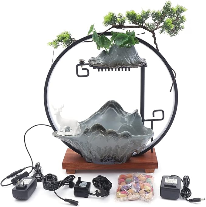 17In Water Fountains Indoor Tabletop Water Fall Humidifier with LED Light and Atomizer Mist, Zen Decor Meditation Japanese Decor Fake Plants Feng Shui Decor Festival Birthday Gift for Good Luck Wealth - Bloomnest