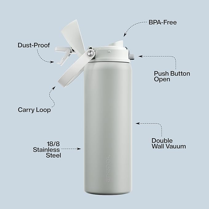 Insulated Water Bottle with Straw - Encool Stainless Steel Water Bottle with Push Button Lid, Leak-Proof & BPA-Free, Keeps Cold for 24 Hours for Sports, Travel, Gym (32 oz, Silver Grey) ENCOOL