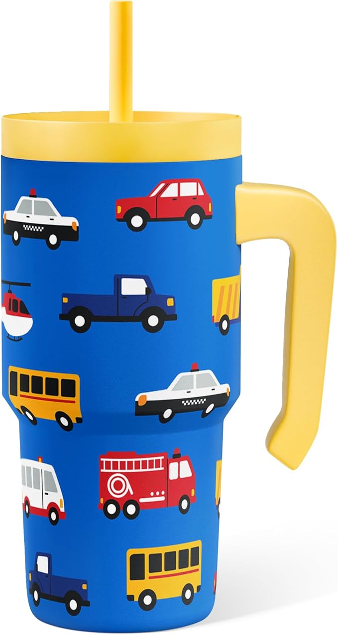 Transportation Tumbler 20oz with Handle and Silicone Straw Lid for Kid, Insulated Stainless Steel Cup, Gift for Kids Boys, Gifts Idea for Birthday Christmas Back to School - Bloomnest