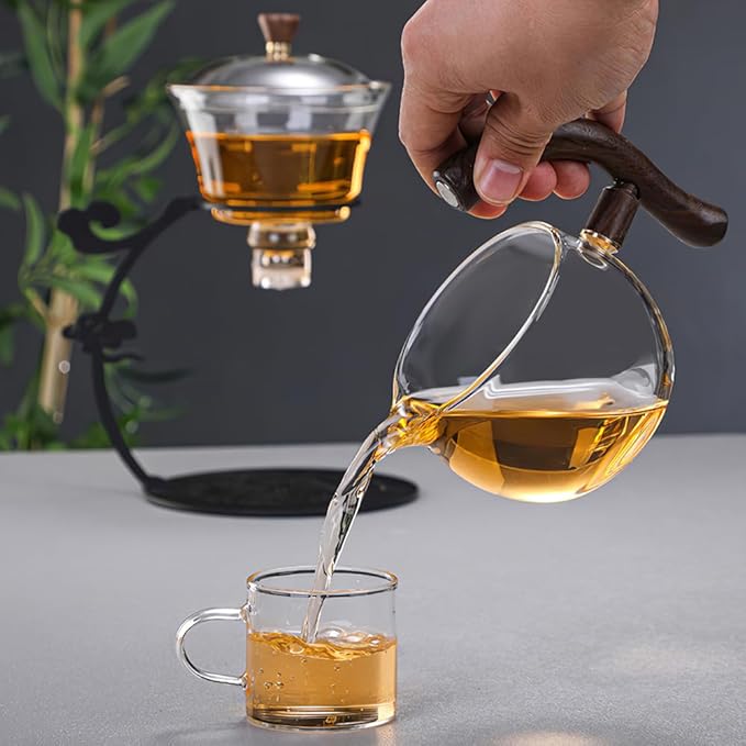 Lazy Kungfu Drip TeaPot, Heat Resistant Tea Set, Semi-Automatic Glass Teapot Suit for Magnetic Water Flow Wooden Glass Teapot Set