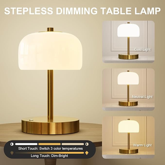 Oneach 9" Cordless Table Lamps Set of 2, Gold Rechargeable Battery Operated Lamp, 3-Way Stepless Dimming Touch Mushroom Lamps, Small Glass Nightlight for Bedroom Dining Table Living Room Shelf Decor - Bloomnest