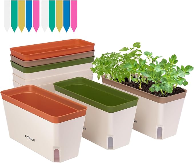 VIVOSUN Self-Watering Planters, 6-Pack 10.5 Inch Compact Rectangular Window Herb Planter Box with 10 PCS Plant Labels, Plant Container for Basil, Flowers, Succulents, Indoor & Outdoor - Bloomnest