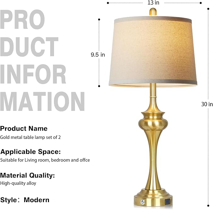 30" Gold Tall Table Lamps for Living Room, Touch Control Modern Bedroom Table Lamp with USB A+C Ports, 3-Way Bedside Lamps Set of 2, Elegant Metal Lamp for Night Stand Desk Side Table Office - Bloomnest
