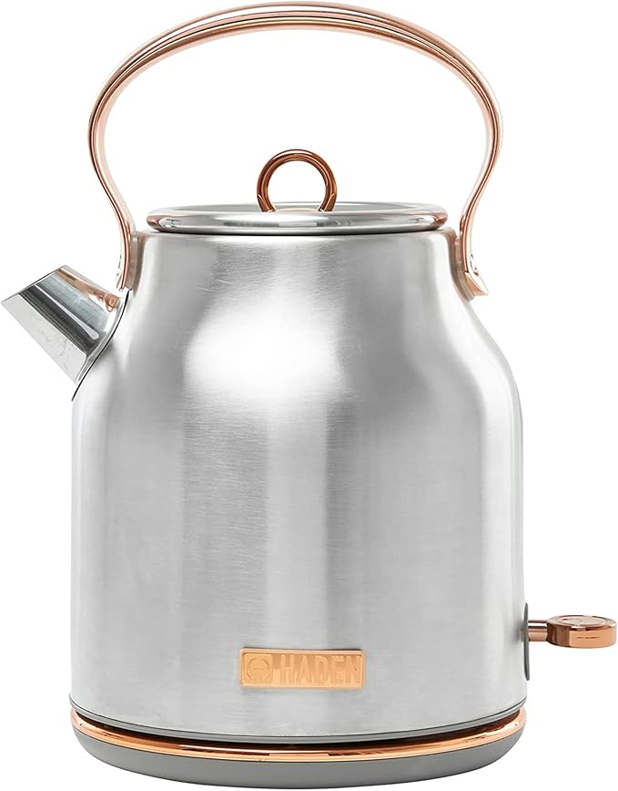 Haden Heritage 1.7 Liter Stainless Steel Electric Kettle, Hot Water Kettle with 360-Degree Base and Auto Shutoff, Steel & Copper - Bloomnest