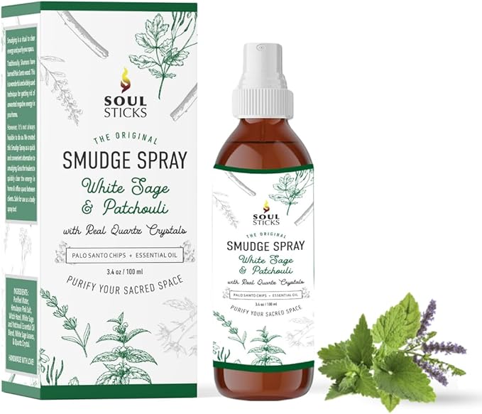 SOUL STICKS White Sage & Patchouli Smudge Spray For Cleansing and Negative Energy | 3.5oz White Sage Smudge Spray with Real Quartz Crystals | Car Fragrance Sage Room Spray for Spiritual Cleansing SoulSticks