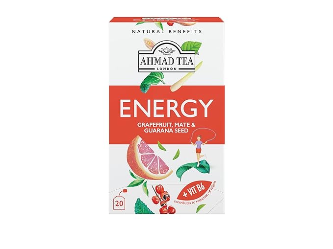 Ahmad Tea Herbal Tea, Grapefruit, Mate, Guarana Seed, & Vitamin B6 'Energy' Natural Benefits Teabags, 20 ct (Pack of 1) - Caffeinated & Sugar-Free - Bloomnest