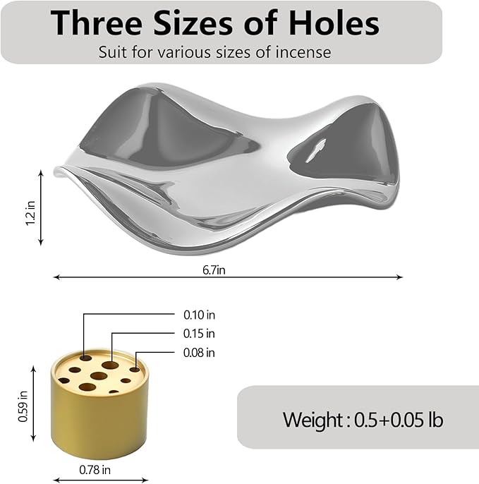 6.7 "Ceramic Incense Burner for Incense/Coil,Wavy Base with Brass -Incense Holder for Sticks,with Ash Catching Bowl for Meditation Yoga and Home Decoration (Silver)