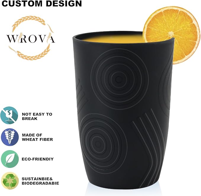Wrova Wheat Straw Cups 16oz set of 8 with Etched Pattern - Alternative Plastic Cups Dishwasher Safe - Plastic Drinking Cups Unbreakable for Kids - Pure Black - Bloomnest