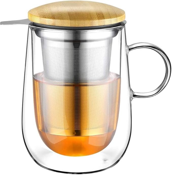 glastal Tea Infuser Mug 14.5oz Insulated Heatproof Glass Tea Cup with Removable Infuser and Lid, Clear Glass Teacup 430ml Double Wall Borosilicate Glass Teacup for Loose Tea, Gifts for Parents Dad Mum - Bloomnest
