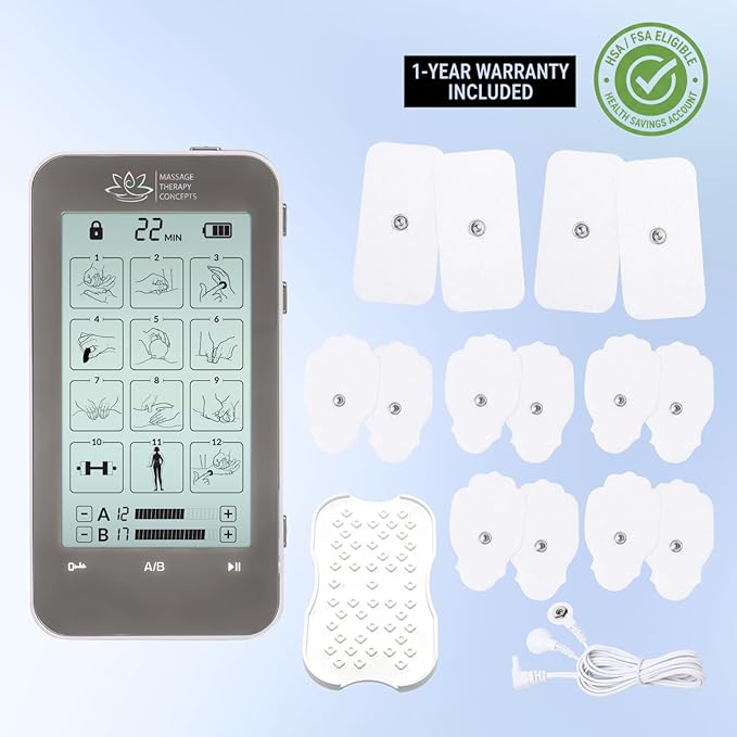 Massage Therapy Concepts TENS Unit Muscle Stimulator for PainRelief - Professional Dual Therapy Machine with 12 Modes and 20 Levels - Complete Accessory Set for Back and Neck Pain MassageTherapyConcepts