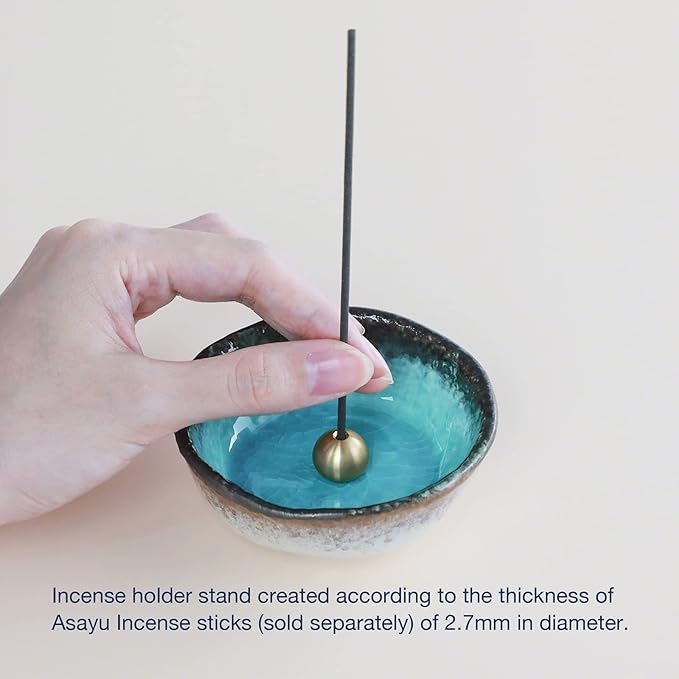 Asayu Japanese Small Mini Incense Holder for Sticks 3.3 inch (83mm), Made in Japan Ceramic Ash Catcher and Brass Incense Burner Set for Yoga, Meditation (Small Mini Nature Ocean Blue Holder) - Bloomnest