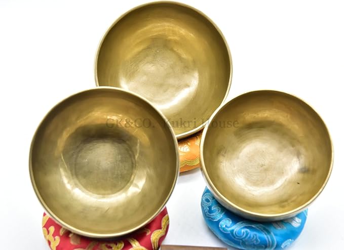 Chakra Healing Tibetan Singing Bowls Set of 3 pieces ~ Hand Hammered Himalayan Yoga Meditation Bowls - 4.5" to 5.5" - included 3 Mallets, and 3 cushions. Handmade in Nepal GKCOKukriHouse