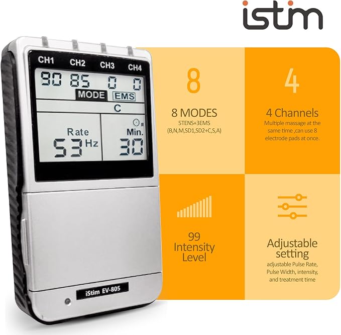 iSTIM EV-805 TENS EMS 4 Channel Rechargeable Combo Machine Unit - Muscle Stimulator + Back Pain Relief and Management- 24 Programs/Backlit (Including Electrodes Pads) iSTIM
