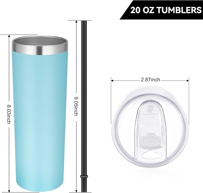 VEGOND Stainless Steel Tumblers Bulk 12 Pack, 20 oz Vacuum Insulated Skinny Tumblers with Lids and Straws, Double Wall Coffee Mug, Travel Water Cup, Blue - Bloomnest