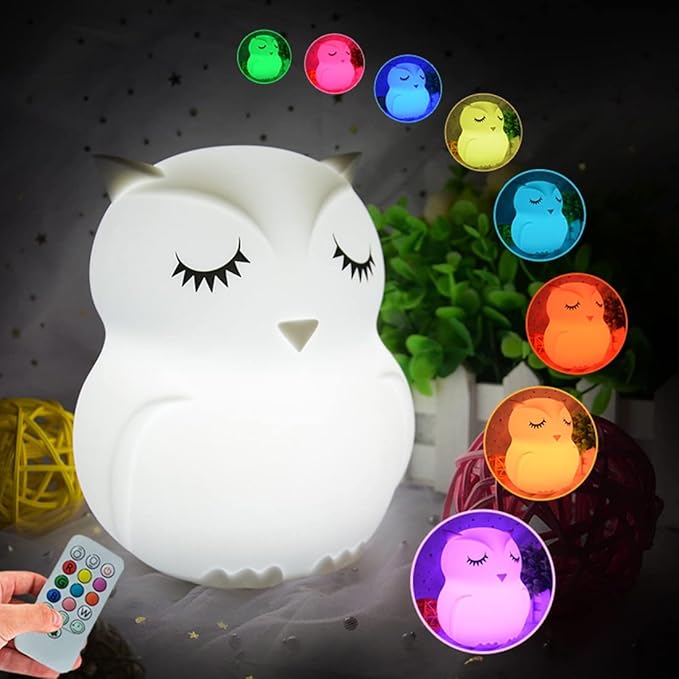 Owl Night Light Baby Bedside Lamp Child, Silicone Nursery Lamp for Breastfeeding Bedroom Mood Lights, Eye Caring, Adjustable Brightness & Color, Time Setting, Holiday Gifts - Medium - Bloomnest