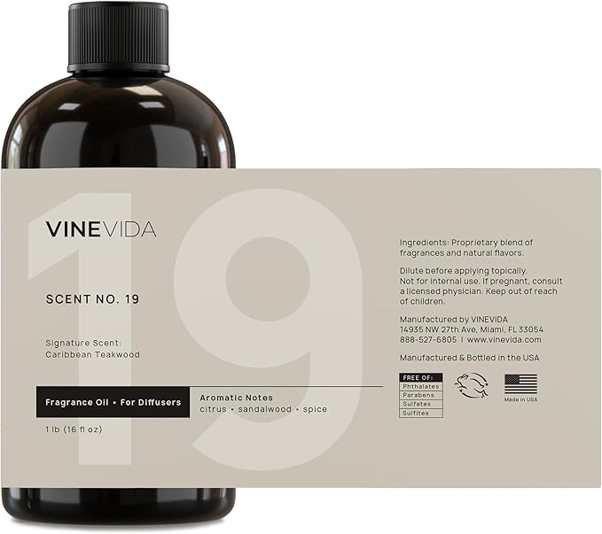 VINEVIDA [16 Fl Oz] Caribbean Teakwood Fragrance Oil for Cold Air Diffusers, Essential Oils for Diffuser Oil Refill & Air Freshener Room Spray - Bloomnest