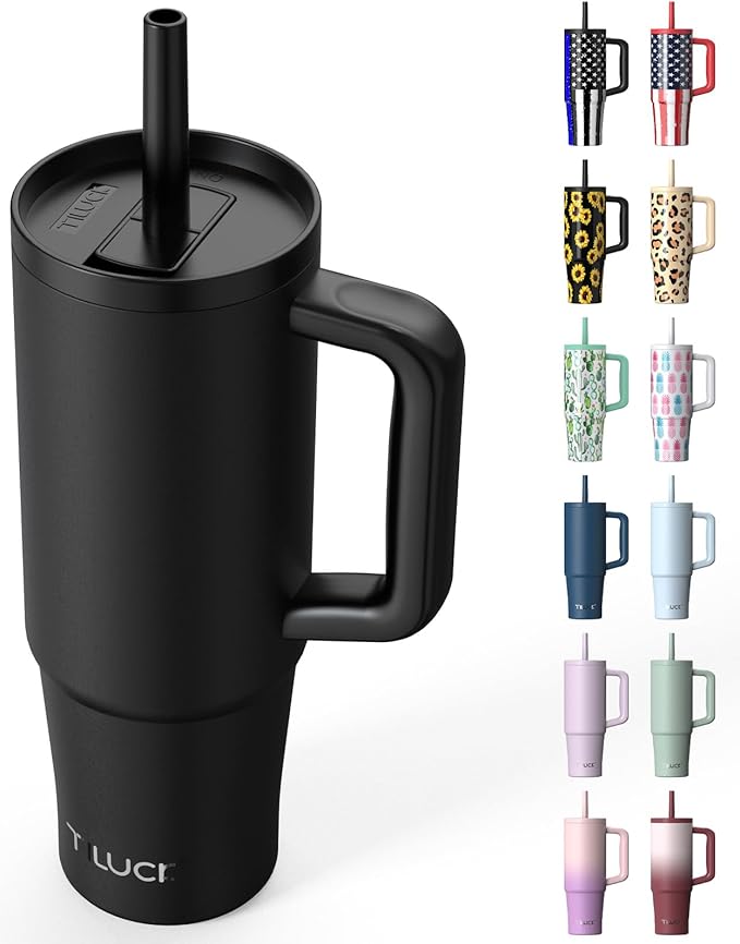 TILUCK 30 oz Tumbler with Handle, Vacuum Insulated Stainless Steel Travel Mug with 100% Leak-Proof Silicone Straw Lid, Cupholder Friendly Water Bottle(MidnightBlack, 30oz)