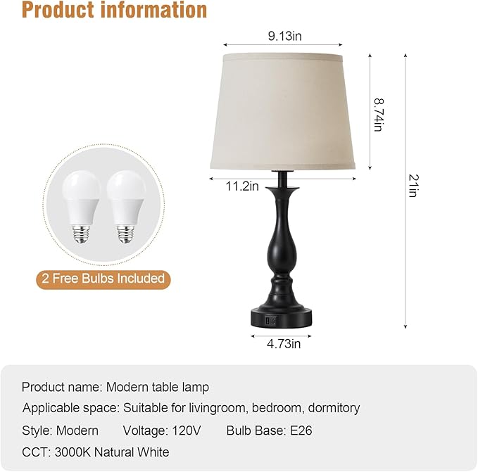 Bedside Table Lamp Touch Control Bedroom Lamps with USB A and C Charging Port 3 Way Dimmable Touch Lamps for Nightstand Living Room Bedroom Dorm Home Office Reading, Set of 2 - Bloomnest