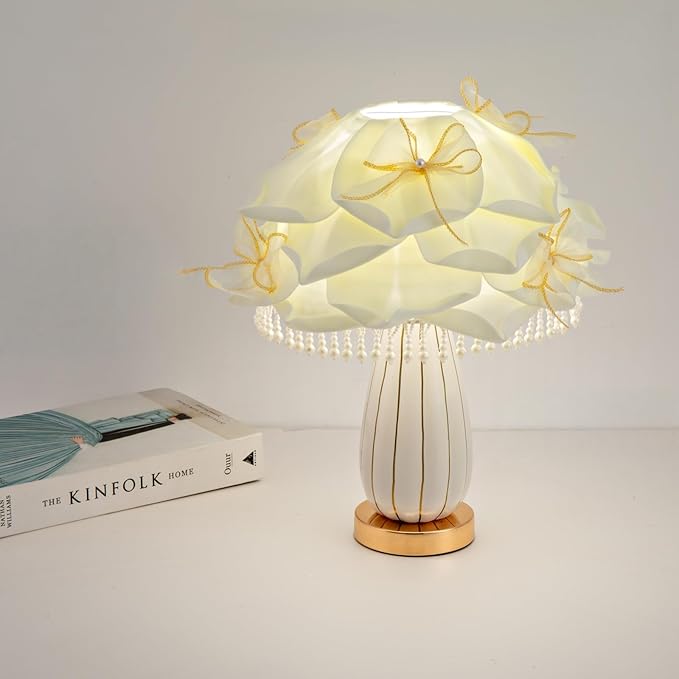 White Flower Girls Table Lamp Modern Princess Desk Lamp Cute Bow Bedside Lamp Nordic Nightstand Petal Light for Bedroom Valentines Dating Wedding Living Room Entry Office Study Room - Bloomnest