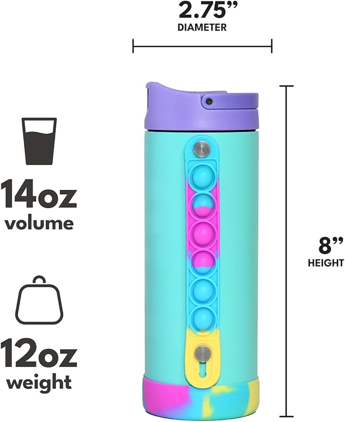 Elemental Iconic Kids Water Bottle with Straw Lid & Stress Relief Pop It Handle, Leak-Proof When Closed, Triple Insulated Kids Stainless Steel Water Bottle For Girls and Boys, 14oz - Blue Tie Dye - Bloomnest