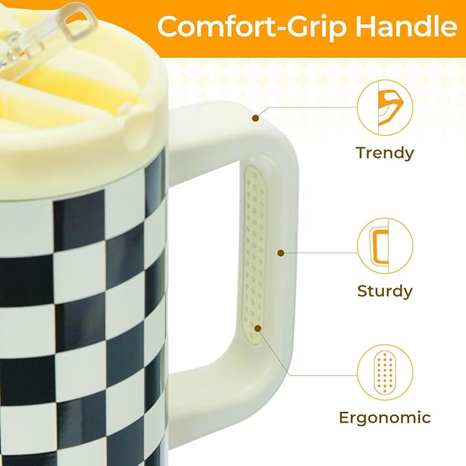 ProTour 100% Leakproof 40 oz Tumbler with Handle & 4-in-1 SipSwig Lid | Built-In Flip Straw & External Stainless Steel Straw | Insulated Stainless Steel Cup | BPA-Free | Black & White Checkered - Bloomnest