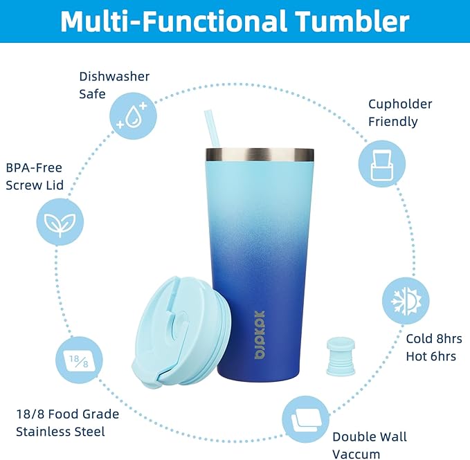 BJPKPK 22oz Insulated Tumbler With lid And Straw Stainless Steel Tumblers Travel Coffee Mug Reusable Thermal Cup,Sky - Bloomnest
