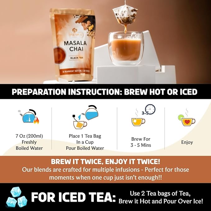 BREWIX, Masala Chai Tea Bags (22 Pyramid Tea Bags) Strong, Robust & Spicy - Pure Ingredients | Black Tea, Cinnamon, Ginger, Black Pepper, Cardamom & Cloves, Packed in Resealable Ziplock Pouch - Bloomnest