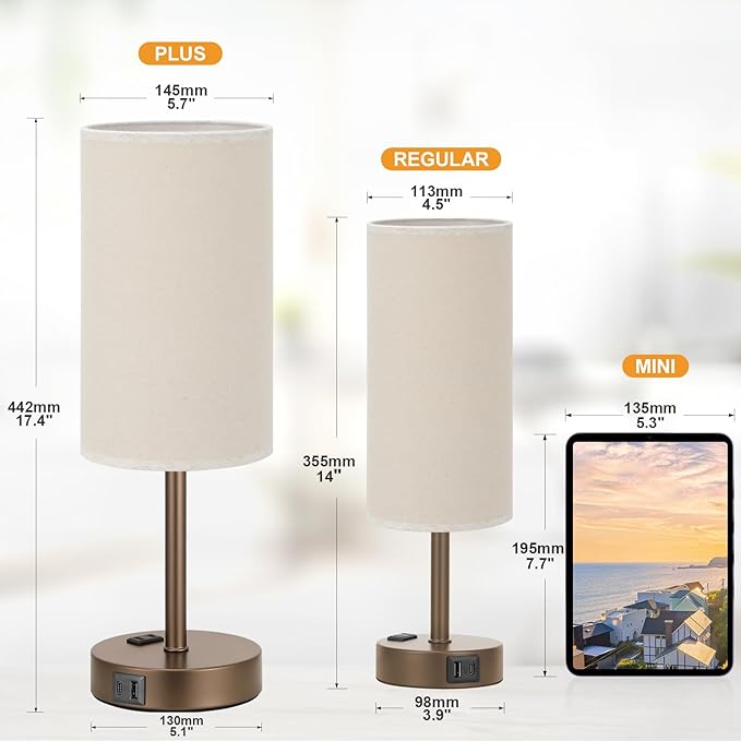 Fenmzee Touch Table Lamp - Beige, 3-Way Dimmable, USB A + C Charging, AC Outlet, 17.4inch Medium, Brown Metal Base - Bloomnest