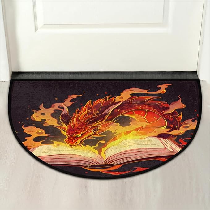 Half Round Door Mat, Magic Dragon Non-Slip Half Circle Area Rug Fiery Magic Book Doormat Washable Durable Home Decor Half Moon Rug for Floor Indoor Outdoor Living Room Bedroom Kitchen Patio - Bloomnest