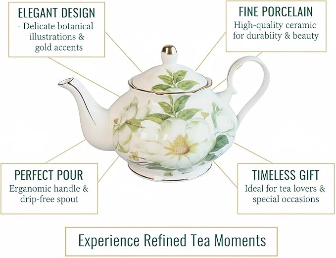 22oz Floral Ceramic Teapot – Vintage Gold Rim Porcelain Tea Pot for Loose Leaf, Blooming Tea & Coffee, Elegant Decorative Teapot for Tea Party, Flower Design (White Camellia) - Bloomnest