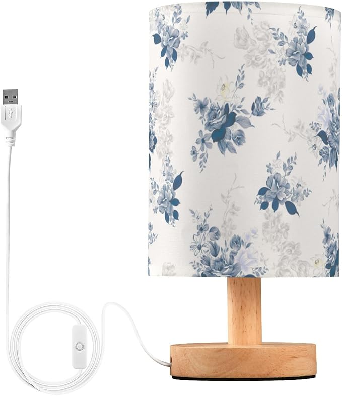 Yuiboo Nightstand Lamps Teal Flowers Farmhouse Blue Small Bedroom Lamps Burlap Table Lamps for Girls Home Office para - Bloomnest