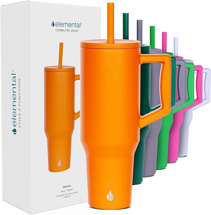 Elemental 40 oz Tumbler with Handle and Straw - Spill Proof Insulated Stainless Steel Commuter for Hot and Cold Beverages - Travel Coffee Mug with 2 Straws & Spill Proof Lid - 40oz - Orange - Bloomnest