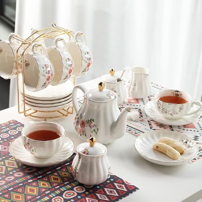 Sweejar Porcelain Tea Sets British Royal Series, 8 OZ Cups & Saucer Service for 6, with Teapot Sugar Bowl Cream Pitcher Teaspoons and Tea Strainer, Suitable for High Tea, Wedding, Party（Beige） - Bloomnest