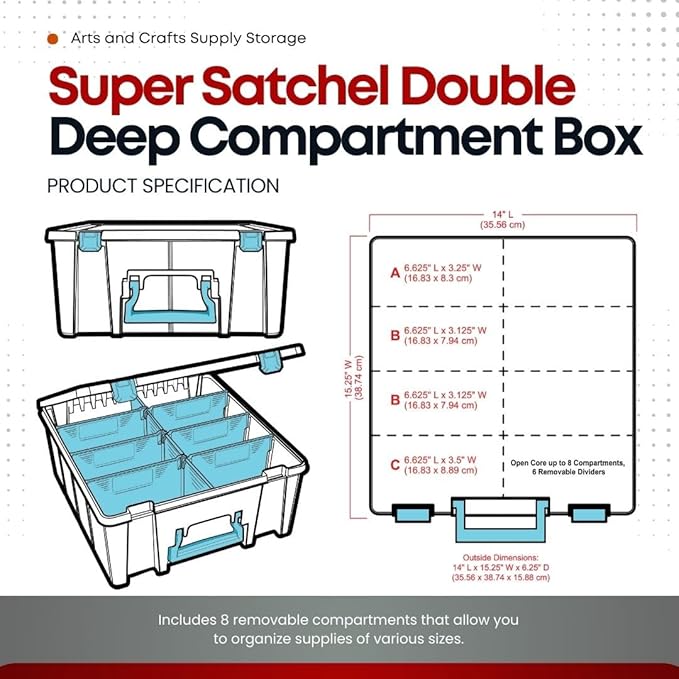 ArtBin 6990SA Super Satchel Double Deep Compartment Box - Art Storage with 8 Removable Compartments, Smart Closure for Craft Supplies (Clear & Aqua- Pack of 1) - Bloomnest