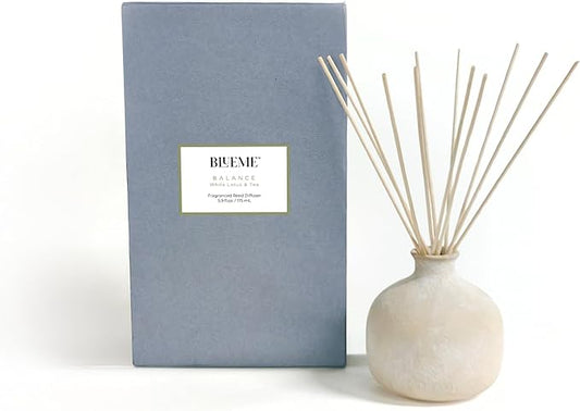 BLUEME Balance-White Lotus & Tea, 5.92 Fl Oz Wellness Diffuser, Contains Essential Oil, Sustainable, Hand Finished, Premium, Luxury Ceramic, Natural Rattan Reeds
