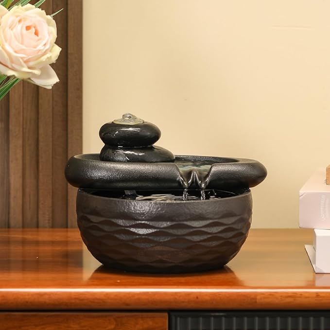 Ceramic Tabletop Desktop Fountain Indoor Home Kitchen Office Decoration (Black) - Bloomnest