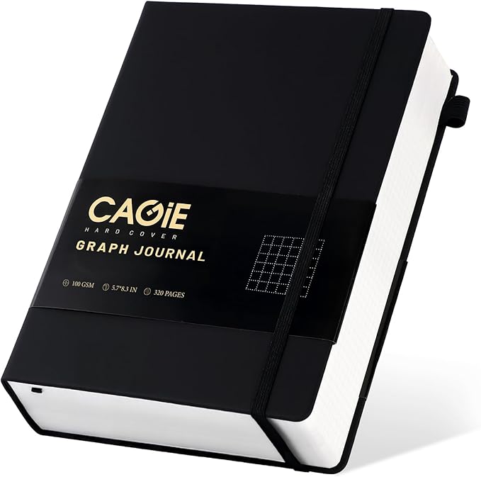 CAGIE Graph Notebook 320 Pages 100 GSM Paper Graphing Grid Journal A5 Hardcover Leather Quad Ruled Notebooks for Engineering, Math, Work, Black - Bloomnest