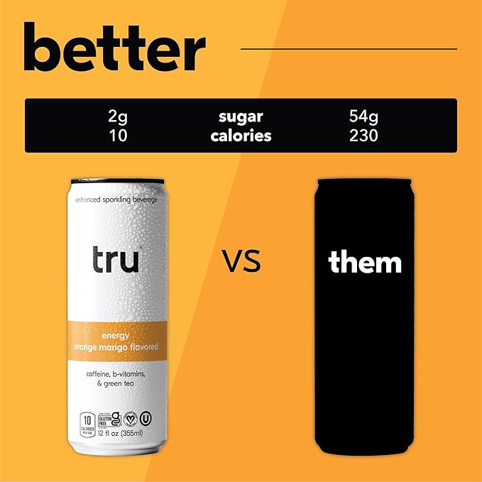 Tru Energy Seltzer, Sparkling Water with Natural Caffeine, Orange Mango Juice, Green Tea Extract & B Vitamins, Lightly Carbonated Energy Drink, Gluten Free, Vegan, Low Calorie, 12 FL OZ Cans, 12 Pack - Bloomnest