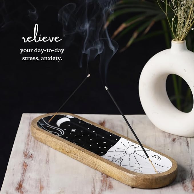 The Art Box Hand-Painted Incense Burner Holder White Black - 12x4x1 inch Wooden Long Incense Stick Tray Holder for Modern Gift, Ash Catcher Incense Stick Holder - Meditation & Yoga - Bloomnest
