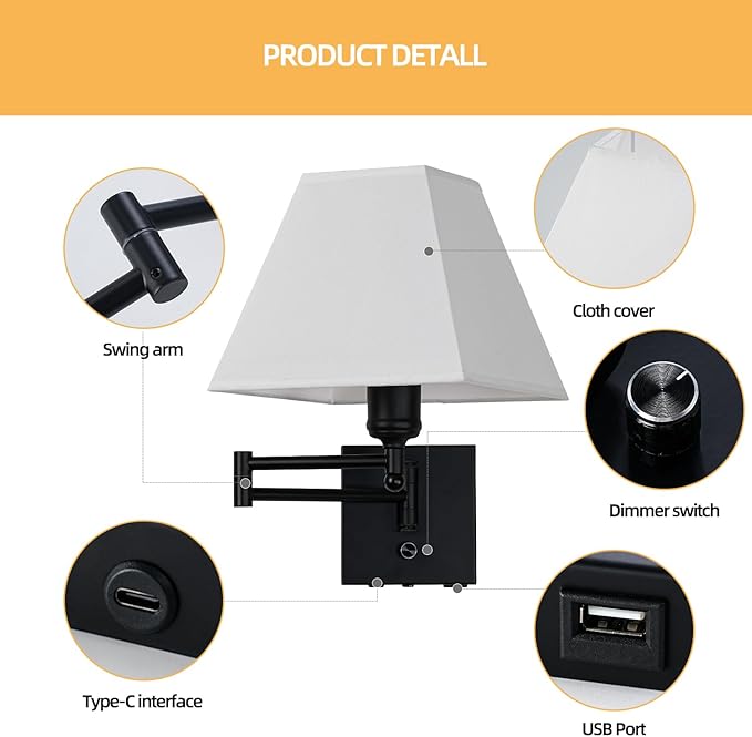 Swinging arm Wall lamp, Fabric lampshade, with Plug and dimming Rotary Switch, USB and Type-C Charging Port, Suitable for Bedside, Living Room, Hotel and Bedroom Wall Lamps - Bloomnest