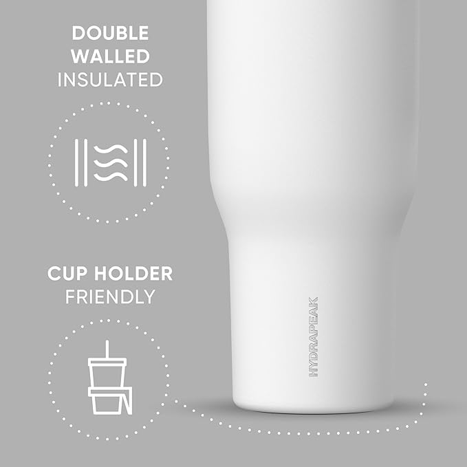 Hydrapeak Voyager 40 Oz Stainless Steel Tumbler with Handle, Insulated Water Bottle With Straw & Lid, Cupholder Friendly Reusable Travel Mug (White) - Bloomnest