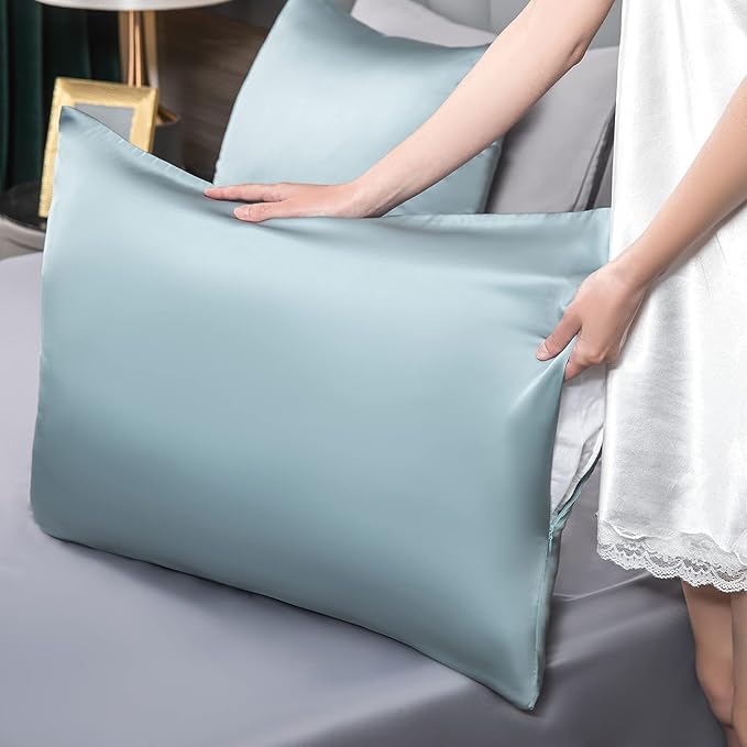 Mulberry Silk Pillowcase for Hair and Skin,Standard Size Cooling Silk Pillow Case with Hidden Zipper,Allergen Proof Dual Sides Soft Breathable Smooth Silk Pillow Cover for Women(Queen,Aqua Blue) - Bloomnest